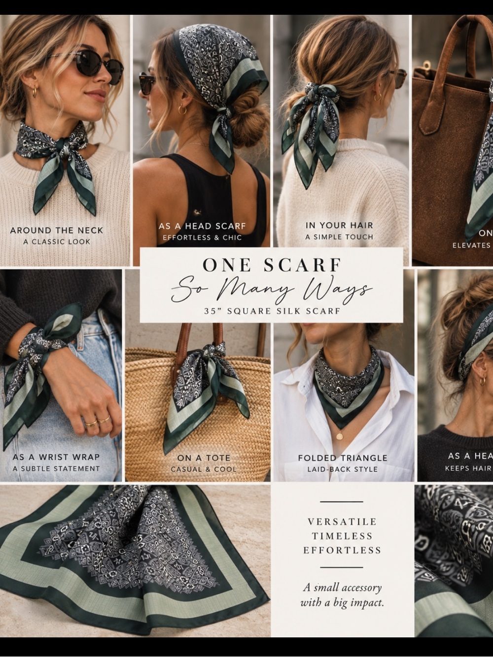 100% Silk Scarf 35” Square Green Gray Geometric Print